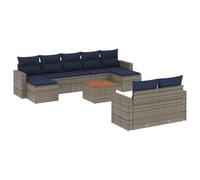 HGKMBRY Set di divani da giardino da 10 pezzi, grigio con cuscini in polyrattan, design modulare con vano portaoggetti sotto le sedute e tasche idrorepellenti, piano del tavolo in legno di acacia