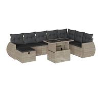HGKMBRY Set di divani da giardino in polyrattan grigio chiaro, 9 pezzi, con cuscini e tavolo in vetro regolabile, design modulare per una posa flessibile in terrazza o cortile.