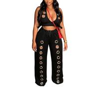 HGKPFGTG Set Coordinato Da 2 Pezzi Da Donna Top Corto Con Scollo All'Americana E Cut-Out Con Occhielli Metallici Pantaloni A Gamba Outfit Da Discoteca,Nero,S