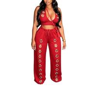 HGKPFGTG Set Coordinato Da 2 Pezzi Da Donna Top Corto Con Scollo All'Americana E Cut-Out Con Occhielli Metallici Pantaloni A Gamba Outfit Da Discoteca,Rosso,S
