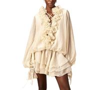 HGKPFGTG Set Da Donna A Due Pezzi Con Gonna A Balze Maniche A Lanterna Motivo Floreale 3D Scollo A V E Laccio Outfit Estivi Eleganti E Comodi Per Uscire,Apricot,S