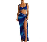 HGKPFGTG Set Da Donna Due Pezzi Con Gonna, Sexy, Aderente, Top Corto Con Bretelle, Gonna Lunga Con Spacco Laterale, Outfit Da Spiaggia,Blu,L