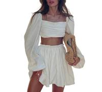 HGKPFGTG Set Da Spiaggia Da Donna A Due Pezzi Per L'estate Top Corto Con Scollo Quadrato Maniche A Sbuffo Schiena Scoperta E Lacci Minigonna Fluida,Apricot,XL