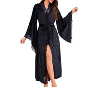 HGKPFGTG Vestaglia Da Donna Lunga E Morbida Dalla Vestibilità Comoda Elegante Kimono Da Notte Con Maniche A Campana Rifiniture in Pizzo E Cintura,Nero,M