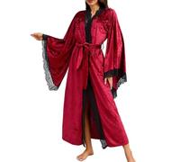 HGKPFGTG Vestaglia Da Donna Lunga E Morbida Dalla Vestibilità Comoda Elegante Kimono Da Notte Con Maniche A Campana Rifiniture in Pizzo E Cintura,Rosso,M