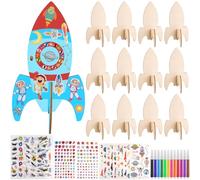 HGRGHH 12 Pezzi Kit Lavoretti Creativi per Bambini, Crafting con Legno per Bambini, Razzi per la Pittura con Matite Acquerellabili e Adesivi di Pietre Preziose, DIY Bambini Pittura Decorazione
