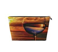 HGSLQDEE Sunset bicchiere di vino stampato in pelle borsa da toilette da viaggio portatile borsa cosmetica borsa da viaggio, Oro, Taglia unica
