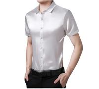 Hgvcfcv Camicia da uomo a maniche corte in seta estiva camicie da uomo in tinta unita camicie da golf camicie da uomo in morbido raso di seta, bianco, S