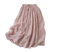 Hgvcfcv Gonna in lino di cotone con elastico in vita a doppio strato Gonna lunga da donna Primavera Estate Gonna ricamata sottile, E, M