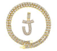 HH Bling - Collana con ciondolo a forma di lettera baguette, color argento e oro, per uomini e donne, con grande zirconia cubica e ciondolo a forma di lettera maiuscola A-Z, con catena da tennis in