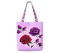 hhbiuuo Borsa larga da donna con stampa di rose rosse e viola, borsa tote in tela riutilizzabile, per viaggi, lavoro, uso quotidiano