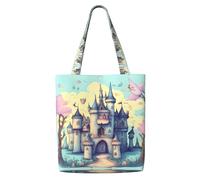 hhbiuuo Fairytale Castle Print - Borsa larga da donna, in tela, riutilizzabile, per viaggi, lavoro, uso quotidiano