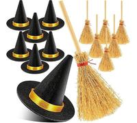 hhdatc Set di 50 mini cappelli da strega e mini scopa, in plastica, con mini scope in paglia, per Halloween, artigianato, bomboniere, decorazioni per bambole e decorazioni fai da te