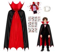 HHDESHSL Mantello Vampiro Nero Rosso, 90 CM Costume da Vampiro di Halloween, Vampire Cape per Bambini con Zanne Sangue Finto e Adesivi per il Viso, Mantello da Dracula per Halloween Cosplay Costume