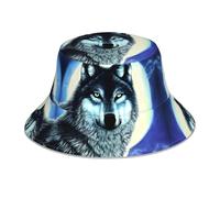 HHGFASD Cappello da pescatore riflettente double-face, motivo: lupo sotto la luna, pieghevole, per spiaggia, campeggio, nero