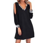 HHMY, abito da donna glitterato con cuciture in rete elegante, abito da festa con scollo a V, mini abito in rete con maniche lunghe, abito bodycon da ballo, abito da donna per Natale con paillettes