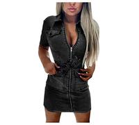 HHMY Abito in jeans da donna, sexy, estivo, lunghezza al ginocchio, a maniche corte, con scollo a V, in jeans, abito corto, elegante, da sera, vintage, da festa, club streetwear, Nero , L