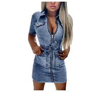 HHMY Abito in jeans per donna sexy abito in jeans estivo al ginocchio a maniche corte miniabito con scollo a V abiti in jeans abito corto elegante abito da sera vintage abito aderente bodycon abito da