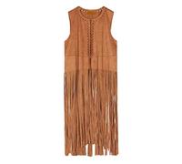 HHMY Gilet in pelle scamosciata da donna con frange gilet lungo etnico senza maniche nappe in ecopelle anteriore aperto cardigan outdoor gilet lungo vintage elegante cappotto cardigan, marrone, L
