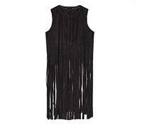 HHMY Gilet in pelle scamosciata da donna con frange gilet lungo etnico senza maniche nappe in ecopelle anteriore aperto cardigan outdoor gilet lungo vintage elegante cappotto cardigan, Nero , L