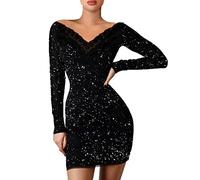 HHMY Vestito di Natale da donna, con orlo intagliato, a contrasto, abito a rete, profondo scollo a V, a maniche lunghe, elegante abito da cocktail in velluto, Nero , S