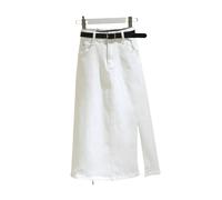 HHNNL Gonna di Jeans Gonna in Denim Bianco per Donne, Vita Alta, Jeans Sottili, Gonne A Media Lunghezza, Divisione Laterale, A-Line-Cintura Bianca Senza-XL