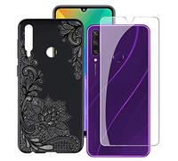 HHUAN Custodia + Vetro Temperato per Huawei Y6P (6.3") 9H Durezza HD Pellicola Protettiva, Nero Cover Ultra Morbida Silicone TPU Bumper Case - Rosa Nera