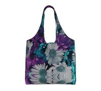 hhxvcv Borsa larga in tela con stampa di un gatto divertente e spaziale, borsa riutilizzabile per la spesa e la spesa, per viaggi, spiaggia, vita quotidiana, Fiori viola e foglia di tè, Taglia unica