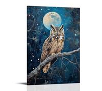 HHYXMJLL Dipinto ad olio con animale, gufo saggio appollaiato su un ramo illuminato dalla luna con sfondo di notte stellata, elegante poster artistico decorativo da appendere alla parete, 60 x 90 cm