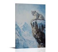 HHYXMJLL Dipinto ad olio con animale, leopardo delle nevi appollaiato sulla scogliera di montagna con sfondo blu ghiacciato, elegante poster artistico decorativo da appendere alla parete, 50 x 75 cm