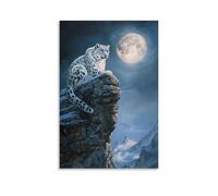 HHYXMJLL Dipinto ad olio con animale, leopardo delle nevi arroccato sulla scogliera di montagna con sfondo chiaro di luna, elegante poster artistico decorativo da appendere alla parete, 50 x 75 cm