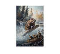 HHYXMJLL Dipinto ad olio con animale, un castoro che scia sull'acqua oltre la sua diga mentre gli amici tifano dalla riva del fiume, elegante poster decorativo da parete, 30 x 45 cm