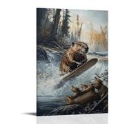 HHYXMJLL Dipinto ad olio con animale, un castoro che scia sull'acqua oltre la sua diga mentre gli amici tifano dalla riva del fiume, elegante poster decorativo da parete, 20 x 30 cm