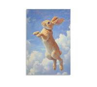 HHYXMJLL Dipinto ad olio con animale, una base di coniglio che salta attraverso i mari nuvolosi, orecchie che scorrono indietro contro un morbido cielo di zaffiro. Elegante poster artistico da
