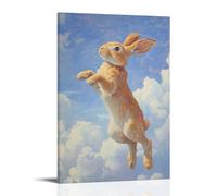 HHYXMJLL Dipinto ad olio con animale, una base di coniglio che salta attraverso i mari nuvolosi, orecchie che scorrono indietro contro un morbido cielo di zaffiro. Elegante poster artistico da