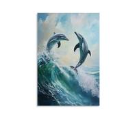 HHYXMJLL Dipinto ad olio con animali, delfini giocosi che ballano attraverso onde turchesi, catturano gioia e libertà oceanica, elegante poster decorativo da parete, 50 x 75 cm