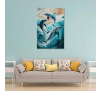 HHYXMJLL Dipinto ad olio con animali, delfini giocosi che ballano attraverso onde turchesi, catturano la gioia della vita oceanica, elegante poster decorativo da parete, 30 x 45 cm
