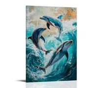 HHYXMJLL Dipinto ad olio con animali, delfini giocosi che ballano attraverso onde turchesi, catturano la gioia della vita oceanica, elegante poster decorativo da parete, 30 x 45 cm