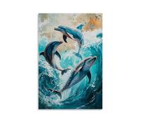 HHYXMJLL Dipinto ad olio con animali, delfini giocosi che ballano attraverso onde turchesi, catturano la gioia della vita oceanica, elegante poster decorativo da parete, 50 x 75 cm