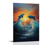 HHYXMJLL Dipinto ad olio con animali, delfini giocosi che ballano in onde turchesi al tramonto, elegante poster artistico da appendere alla parete, poster decorativo da parete, 40 x 60 cm