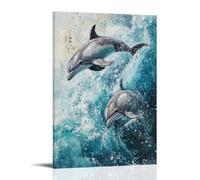 HHYXMJLL Dipinto ad olio con animali, delfini giocosi che ballano tra onde turchesi, catturano la gioia della vita oceanica, elegante poster decorativo da appendere alla parete, 50 x 75 cm