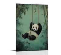 HHYXMJLL Dipinto ad olio con animali di un panda che si snoda attraverso foreste di bambù, gioia senza peso contro un caldo cielo verde giada. Elegante poster artistico da appendere alla parete