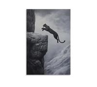 HHYXMJLL Dipinto ad olio con animali di una pantera che si tuffa dalle sporgenze di pietra in valli invisibili, congelato contro un cielo scuro di carbone. Elegante poster decorativo da appendere alla