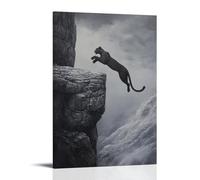 HHYXMJLL Dipinto ad olio con animali di una pantera che si tuffa dalle sporgenze di pietra in valli invisibili, congelato contro un cielo scuro di carbone. Elegante poster decorativo da appendere alla
