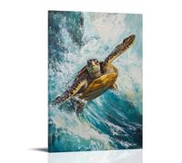 HHYXMJLL Dipinto ad olio con animali di una tartaruga che cavalca rapide rapide come un kayaker, pagaiando su una tela liscia azzurra. Elegante poster decorativo da appendere alla parete, 60 x 90 cm