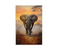 HHYXMJLL Dipinto ad olio con animali - Elefante vecchio saggio che cammina attraverso il paesaggio africano nebbioso all'alba, elegante poster decorativo da appendere alla parete, 50 x 75 cm