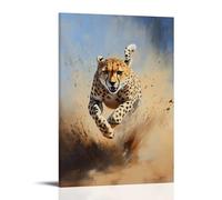 HHYXMJLL Dipinto ad olio con animali, grazioso ghepardo che attraversa le pianure africane con nuvole di polvere e movimento dinamico, elegante poster decorativo da parete, 60 x 90 cm
