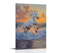 HHYXMJLL Dipinto ad olio con animali, grazioso stallone bianco galoppante tra le onde dell'oceano al tramonto, elegante poster artistico decorativo da parete, 60 x 90 cm