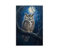 HHYXMJLL Dipinto ad olio con animali, gufo saggio appollaiato su un ramo illuminato dalla luna, occhi dorati che brillano nella foresta buia, elegante poster decorativo da parete, 50 x 75 cm