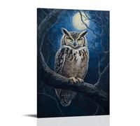 HHYXMJLL Dipinto ad olio con animali, gufo saggio appollaiato su un ramo illuminato dalla luna, occhi dorati che brillano nella foresta buia, elegante poster decorativo da parete, 20 x 30 cm